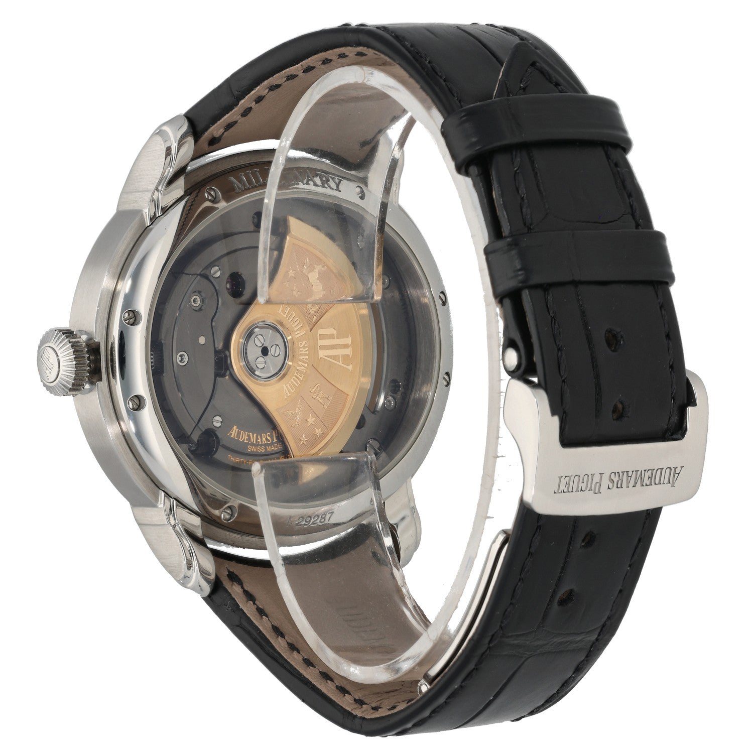 Audemars Piguet Millenary 15350ST.OO.D002CR.01, open caseback with black leather bracelet on a stainless steel case
