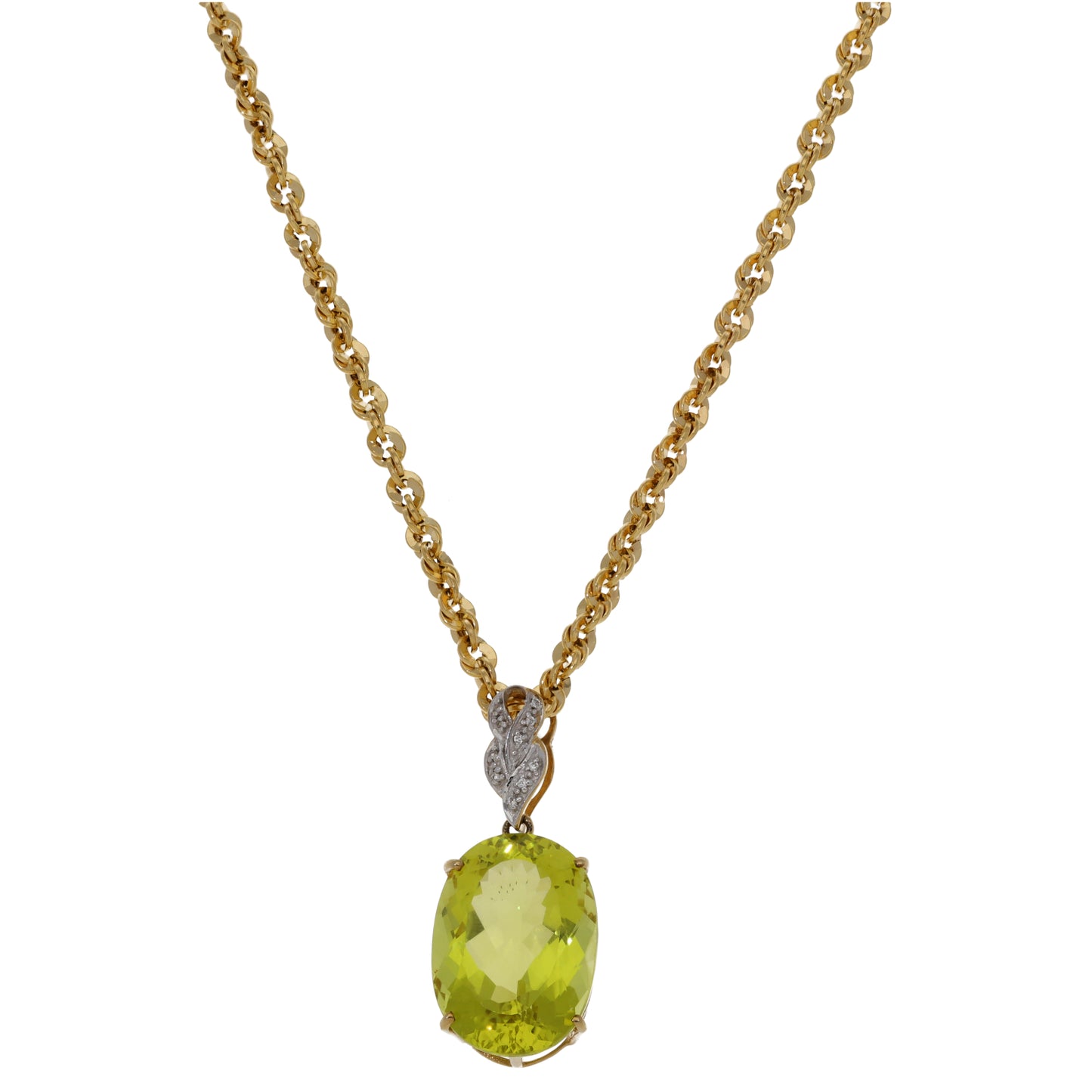 9ct Gold Green Quartz & Cubic Zirconia Dress/Cocktail Pendant With Chain