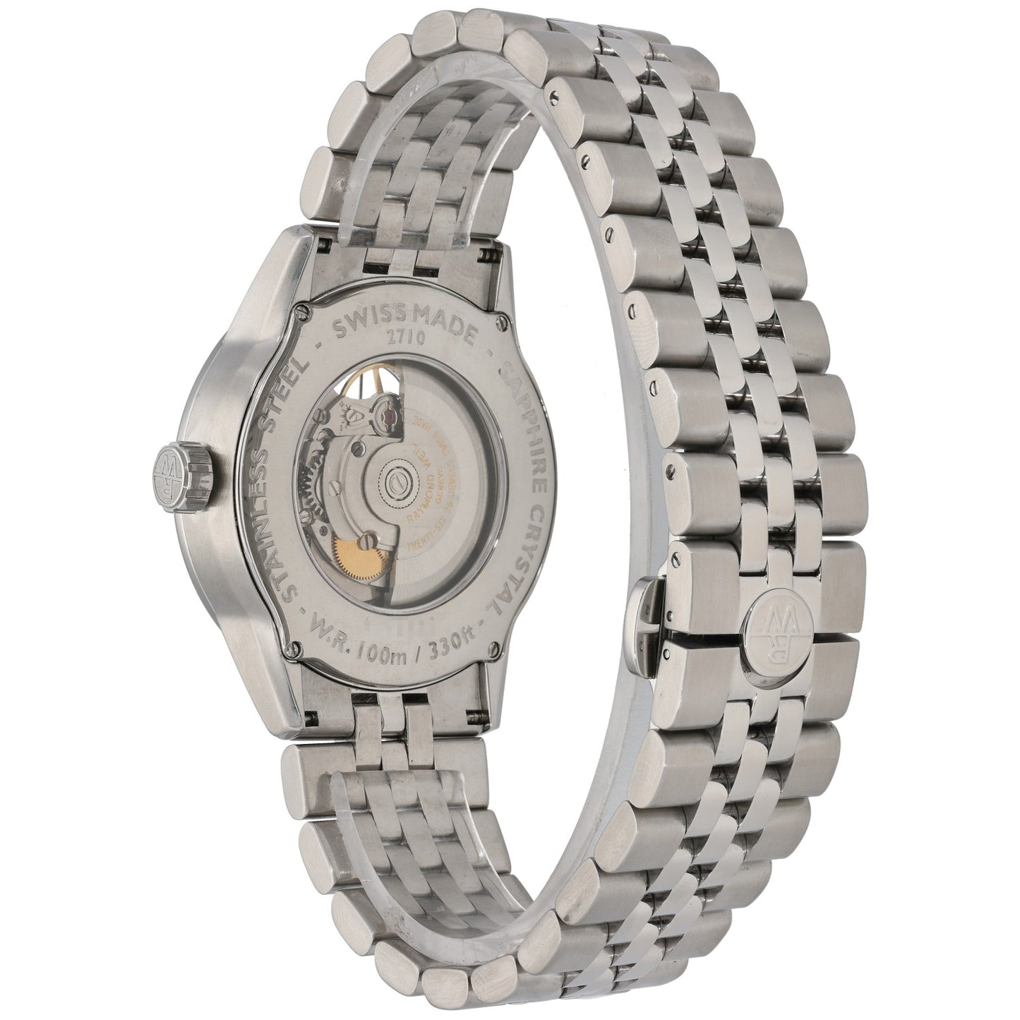 Raymond Weil Freelancer 2710 Stainless steel 42mm wristwatch caseback view, exposed movement window, metal bracelet.