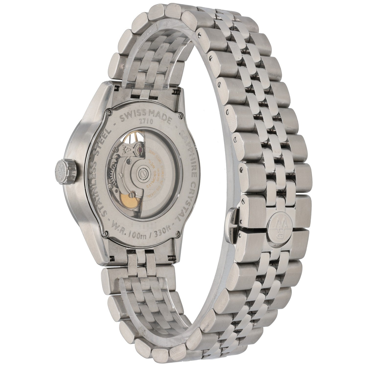 Raymond Weil Freelancer 2710 Stainless steel 42mm wristwatch caseback view, exposed movement window, metal bracelet.