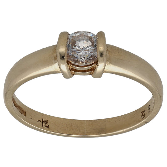 Gold-tone single-stone CZ ring with central round-cut crystal, open band, size L