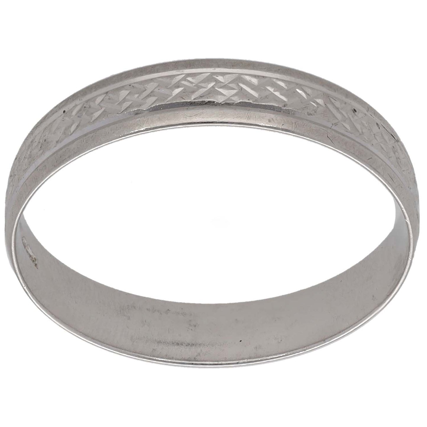 White gold patterned wedding band with textured diamond-cut side detail