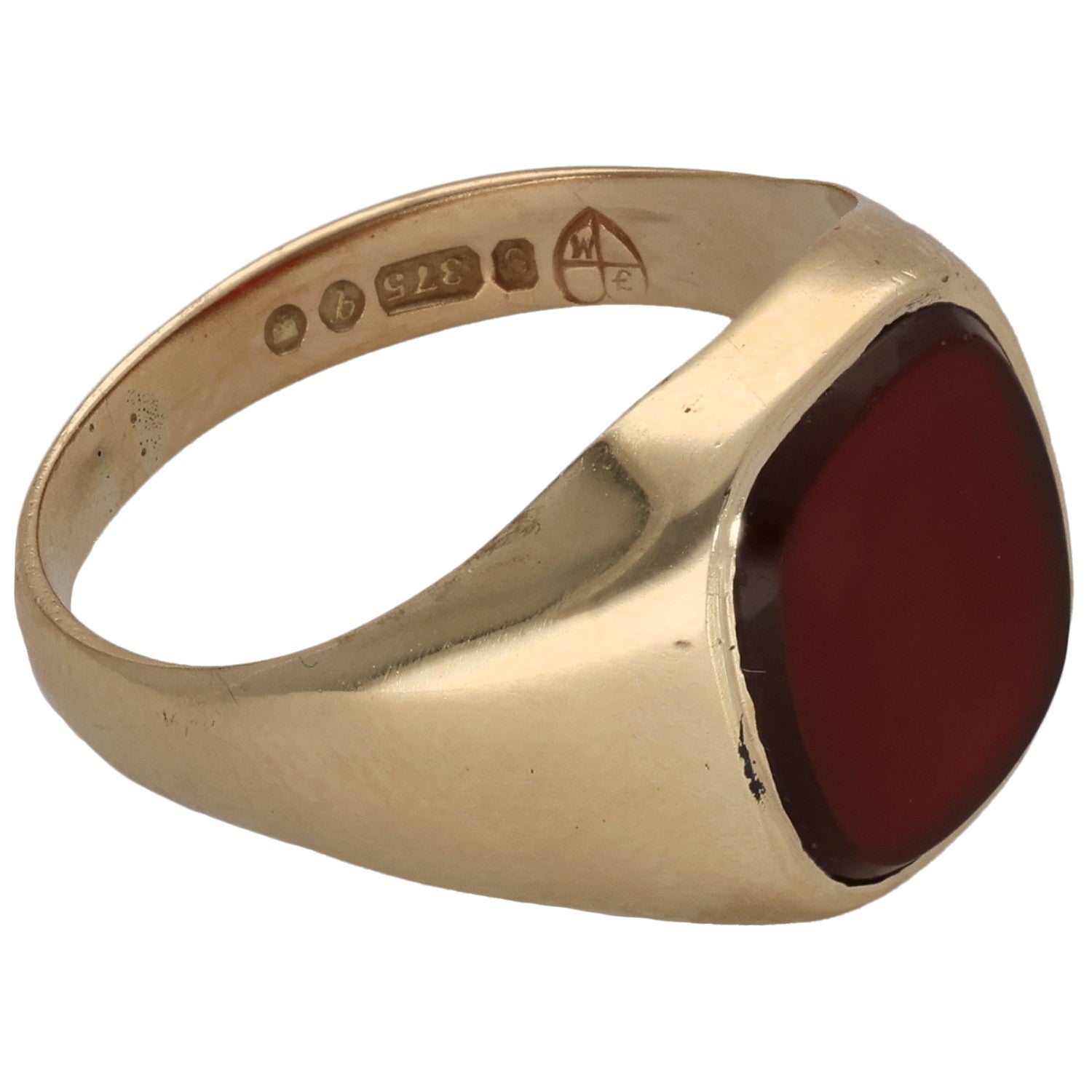 9ct gold signet ring with dark red oval carnelian and inner hallmark