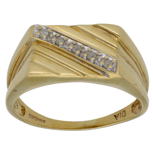 9ct Gold 0.05ct Diamond Patterned Signet Ring Size U