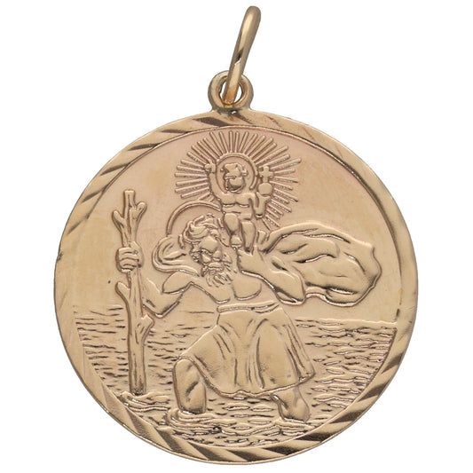9ct gold St Christopher round pendant with raised figure and radiant halo