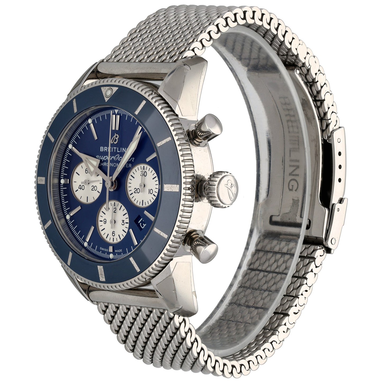Breitling Superocean Heritage B01 AB0162 Stainless steel chronograph watch with blue dial and metal mesh bracelet, angled side view