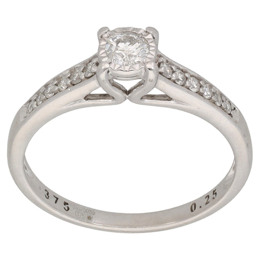 9ct White Gold 0.25ct Diamond Solitaire Ring With Accent Stones Size M