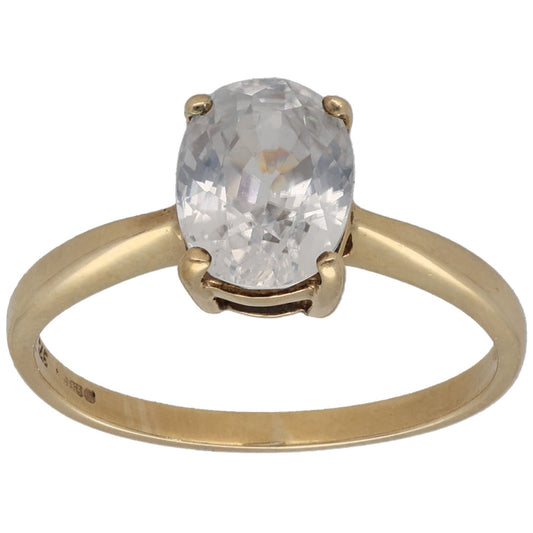 9ct gold single-stone ring with oval clear zircon in four-prong setting