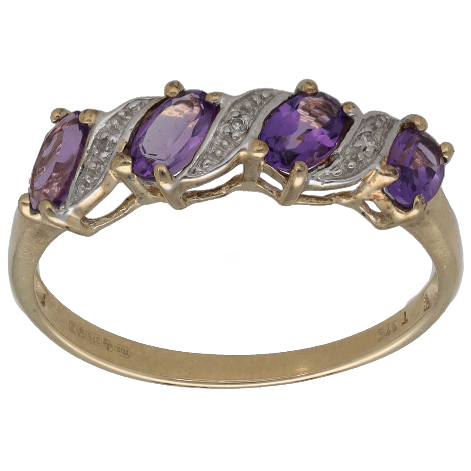 9ct gold half eternity ring with purple oval amethysts and small round white diamonds