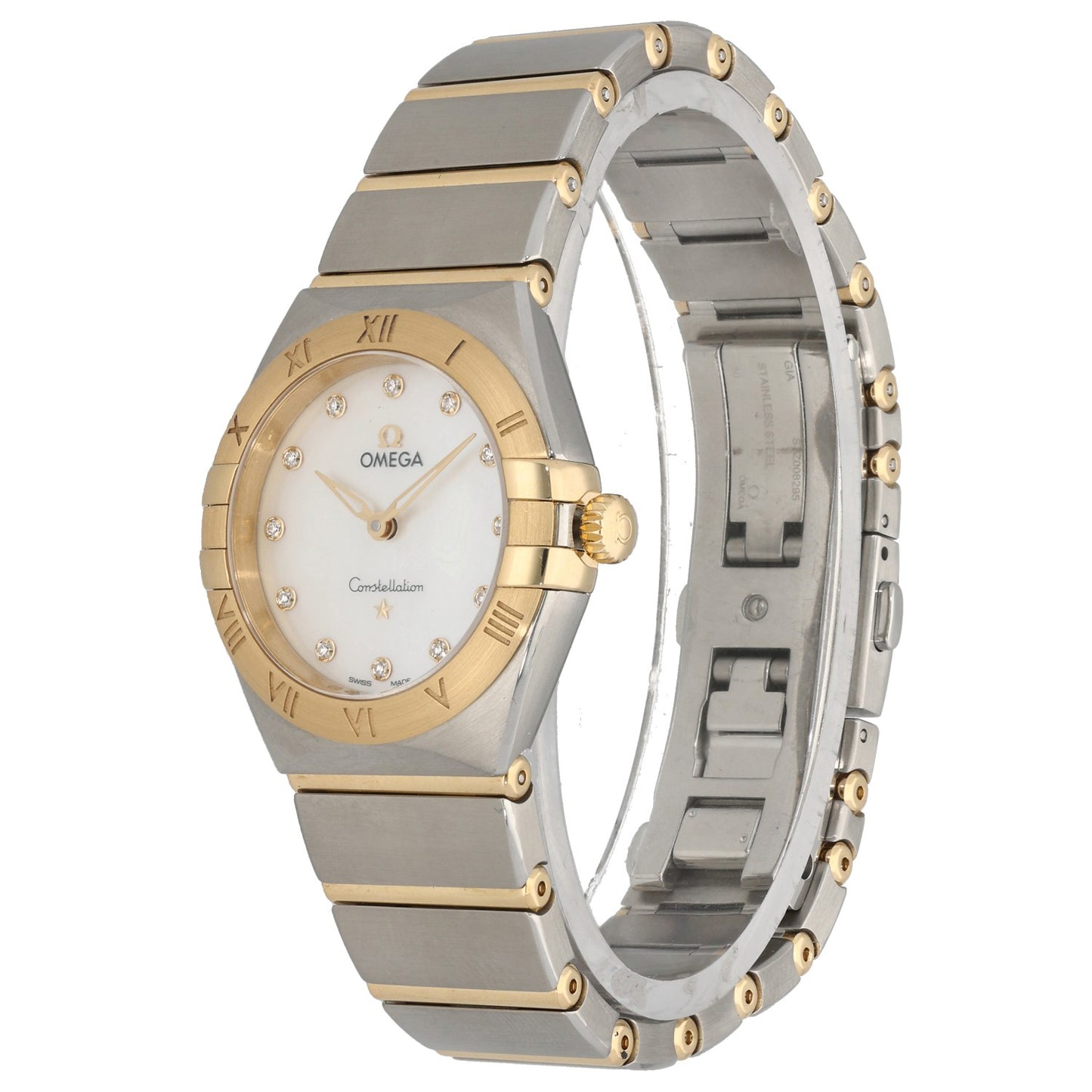 Omega Constellation 131.20.28.60.55.002, white mother of pearl dial, stainless steel and gold front angle image