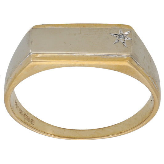 9ct Bi-Colour Gold 0.005ct Diamond Patterned Signet Ring Size U