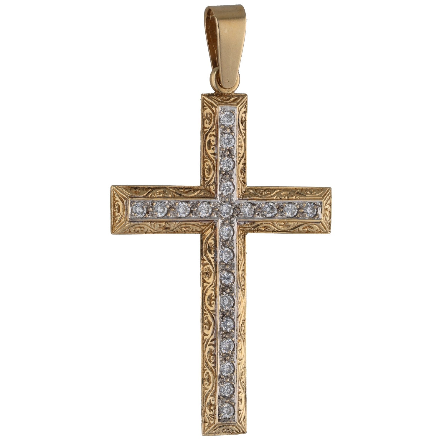 Bicolour gold CZ cross pendant with sparkling inset stones, bail loop top