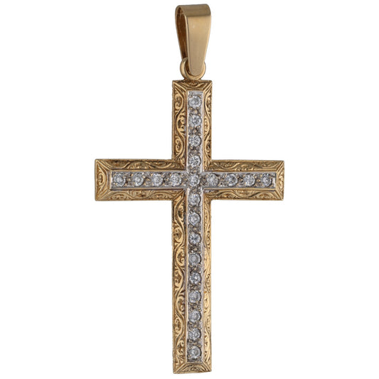Bicolour gold CZ cross pendant with sparkling inset stones, bail loop top
