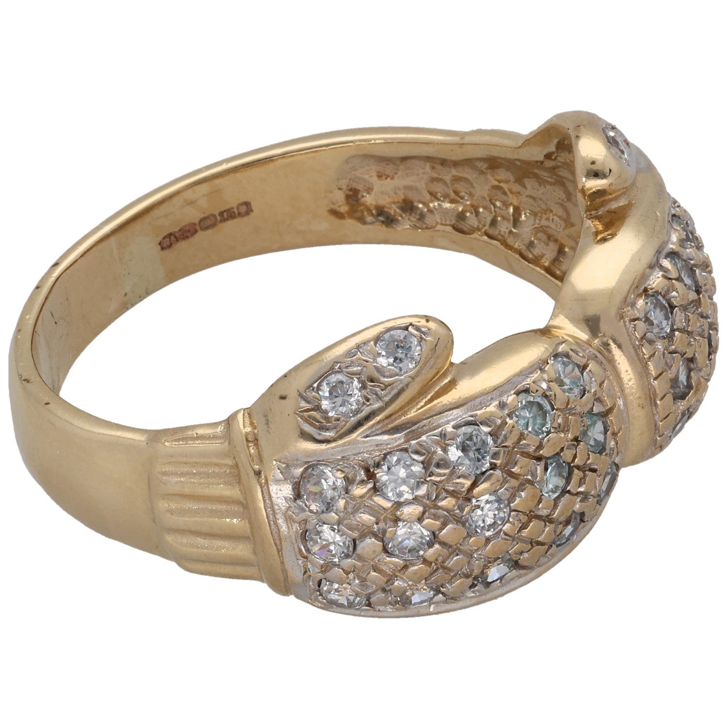 Gold-tone CZ alternative ring with oval cluster setting and textured mesh band, side view