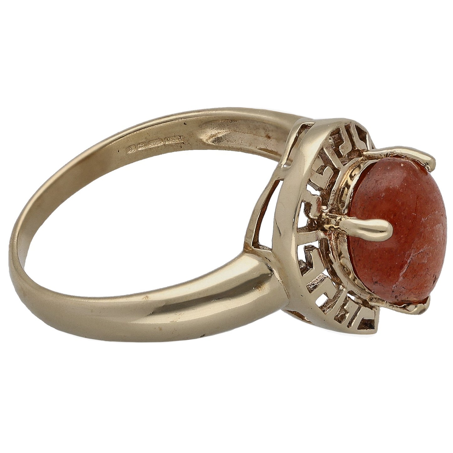 9ct gold ring with red sunstone cabochon, openwork geometric bezel, side view