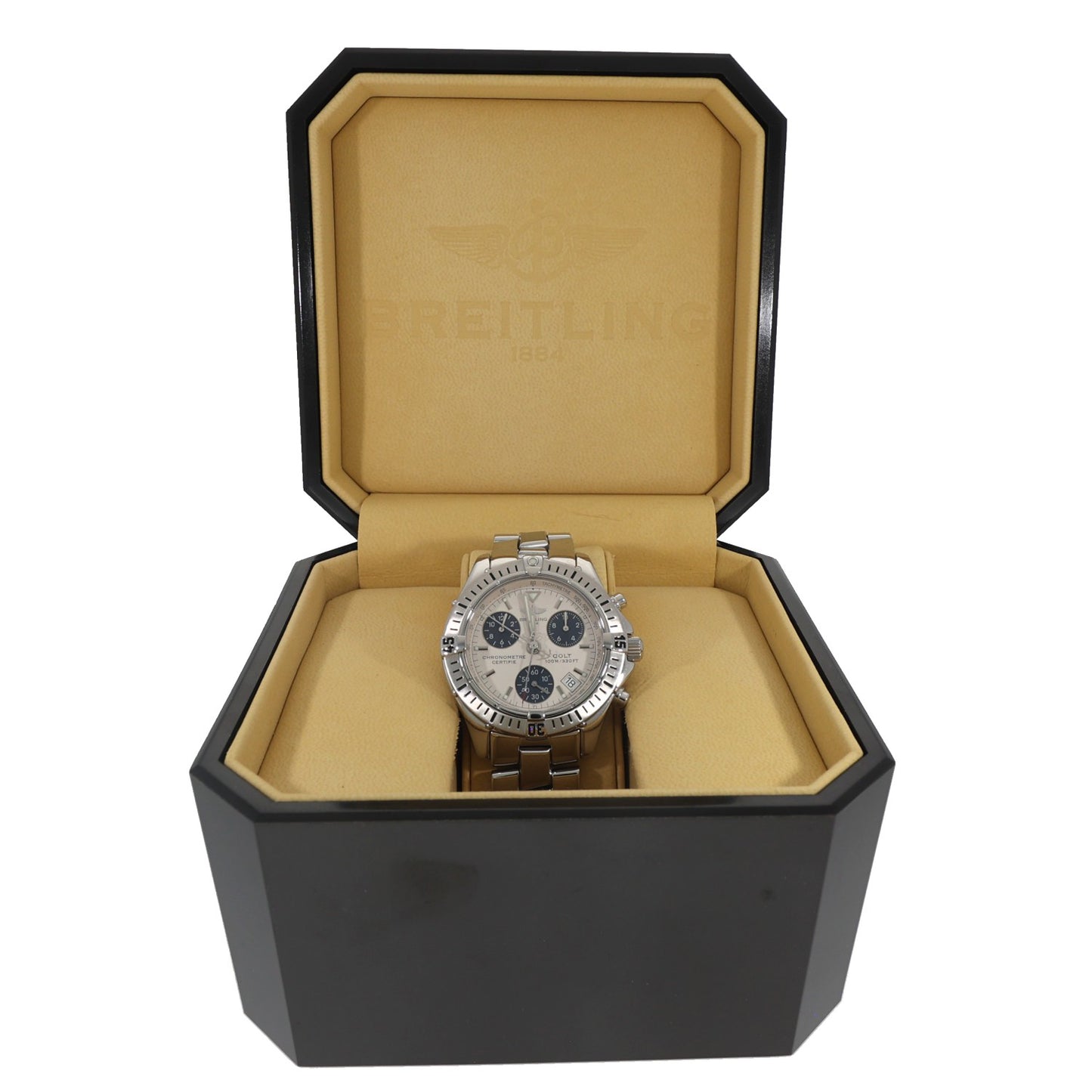 Breitling Colt A73350 Stainless steel chronograph watch in open presentation box with silver dial and subdials