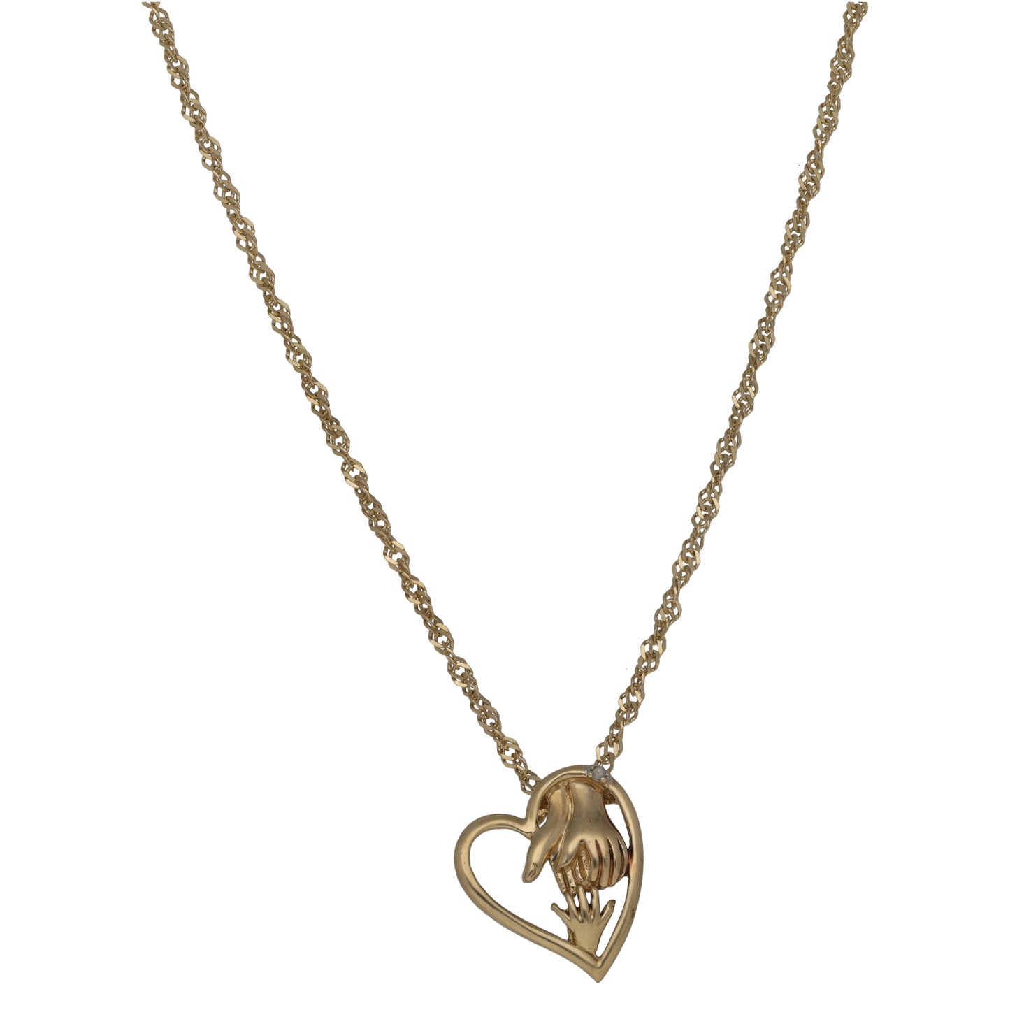 9ct gold heart pendant necklace with round diamond accents and hands motif