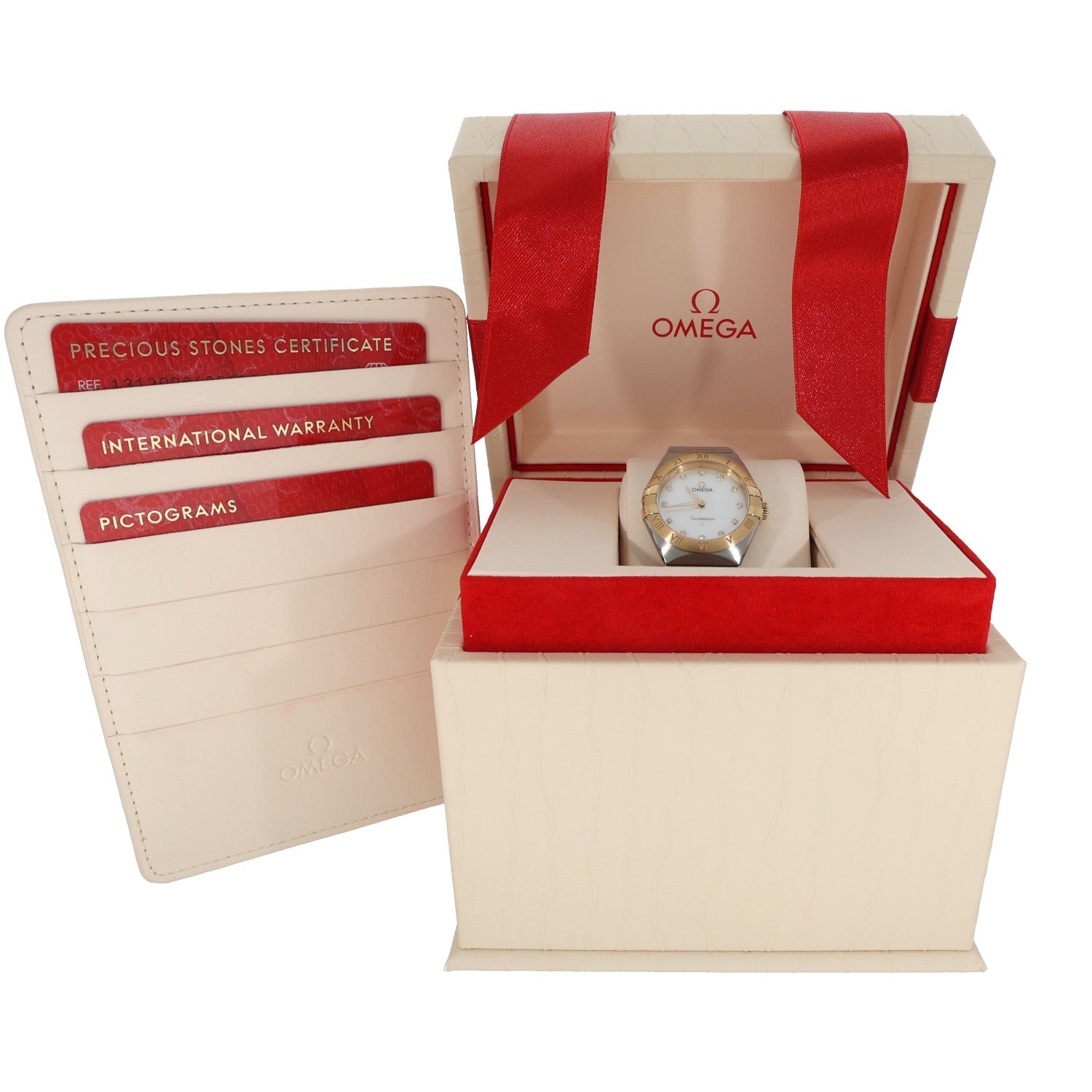 Omega Constellation 131.20.28.60.55.002, white mother of pearl dial, stainless steel and gold box image