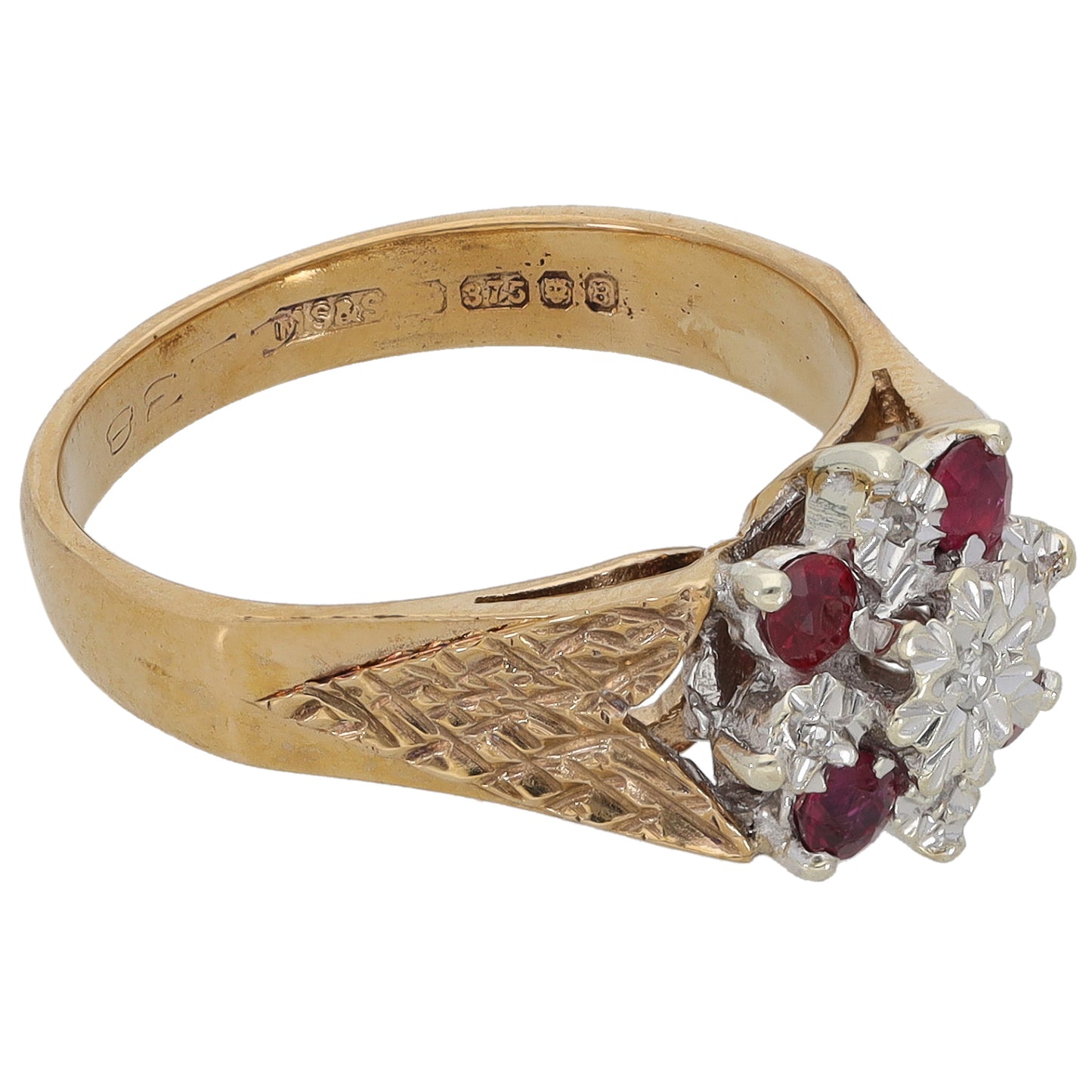 9ct Gold Ruby & 0.03ct Diamond Cluster Ring Size M