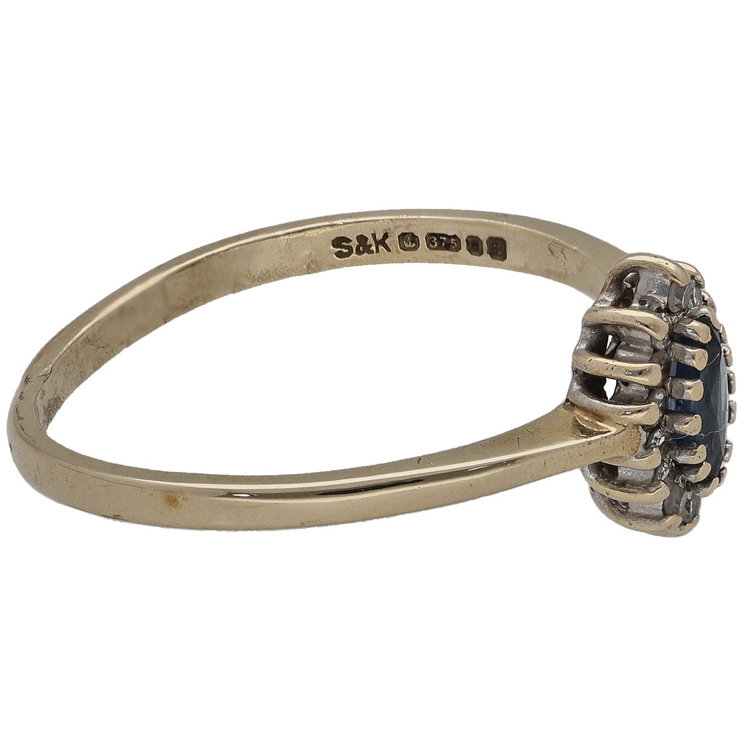 9ct gold sapphire and diamond ring, side view of halo setting on slim band