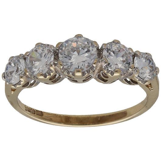 9ct gold half-eternity CZ ring with round stones across top, scalloped bezel setting