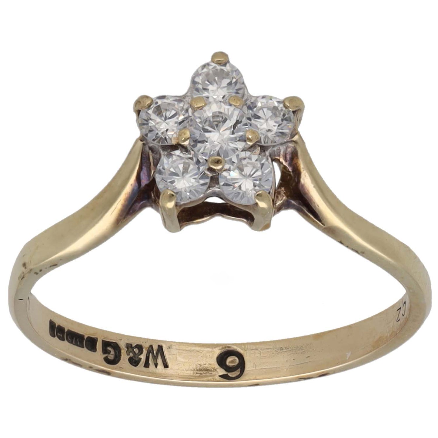 Gold CZ cocktail ring with round stone cluster and prong setting