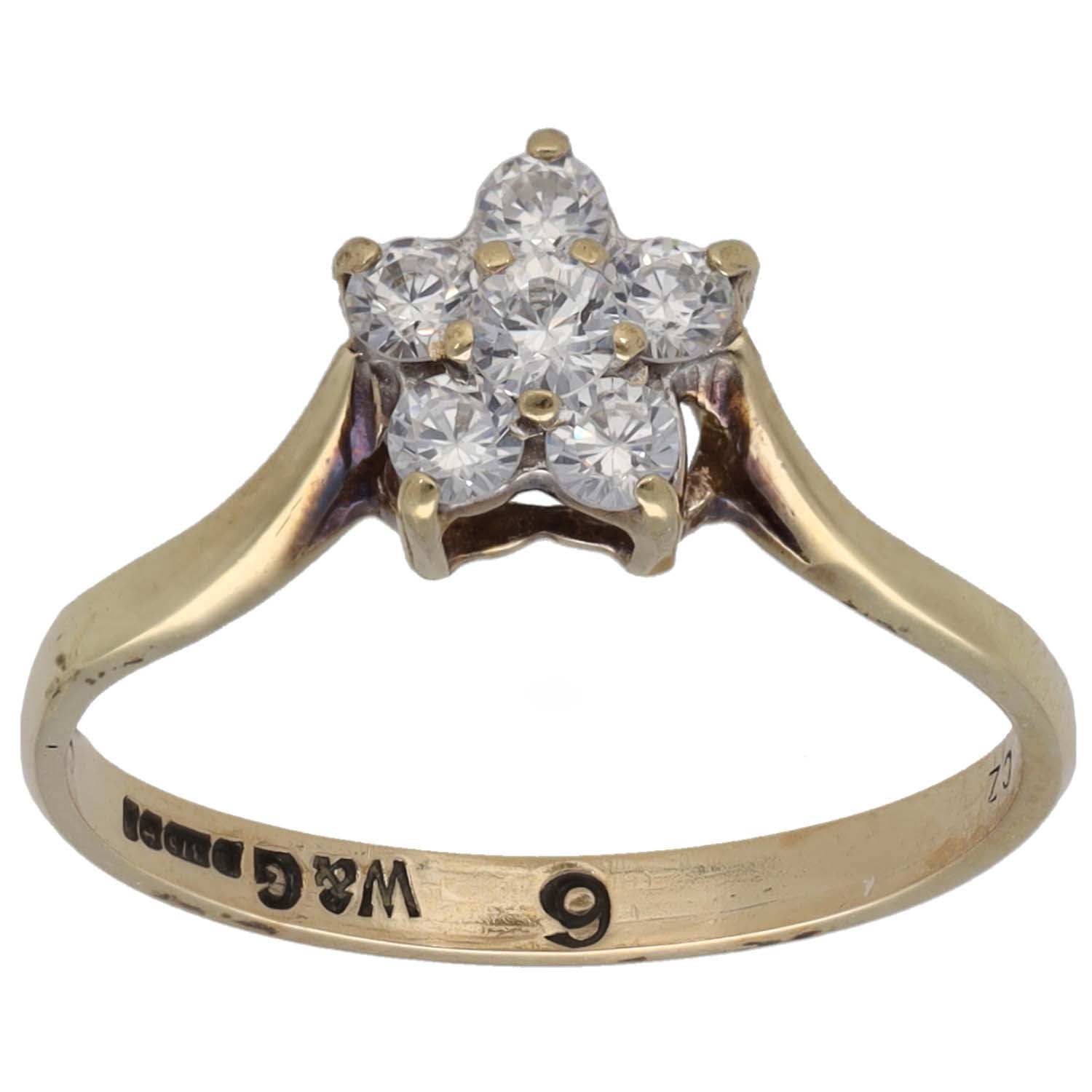 Gold CZ cocktail ring with round stone cluster and prong setting
