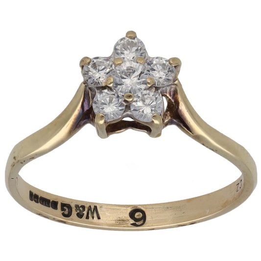 Gold CZ cocktail ring with round stone cluster and prong setting