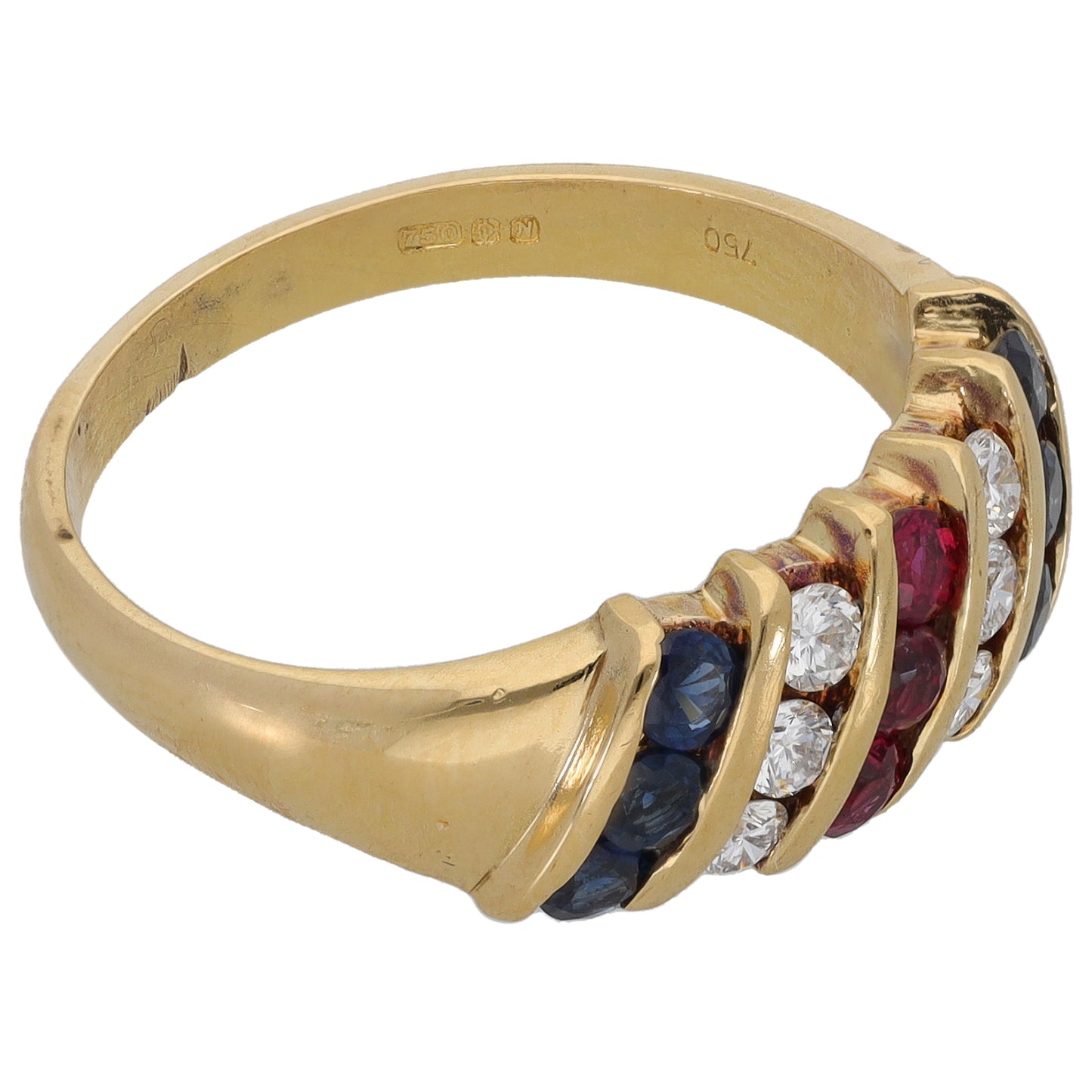 18ct Gold Ruby & Sapphire & 0.24ct Diamond Dress/Cocktail Ring Size N