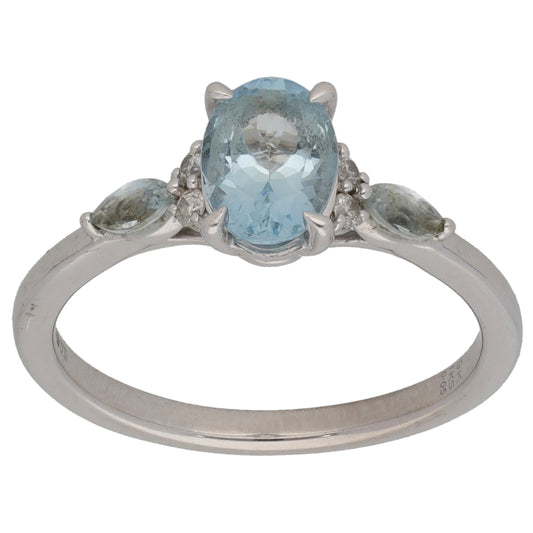 9ct White Gold Aquamarine & 0.05ct Diamond Single Stone Ring With Accents Size K