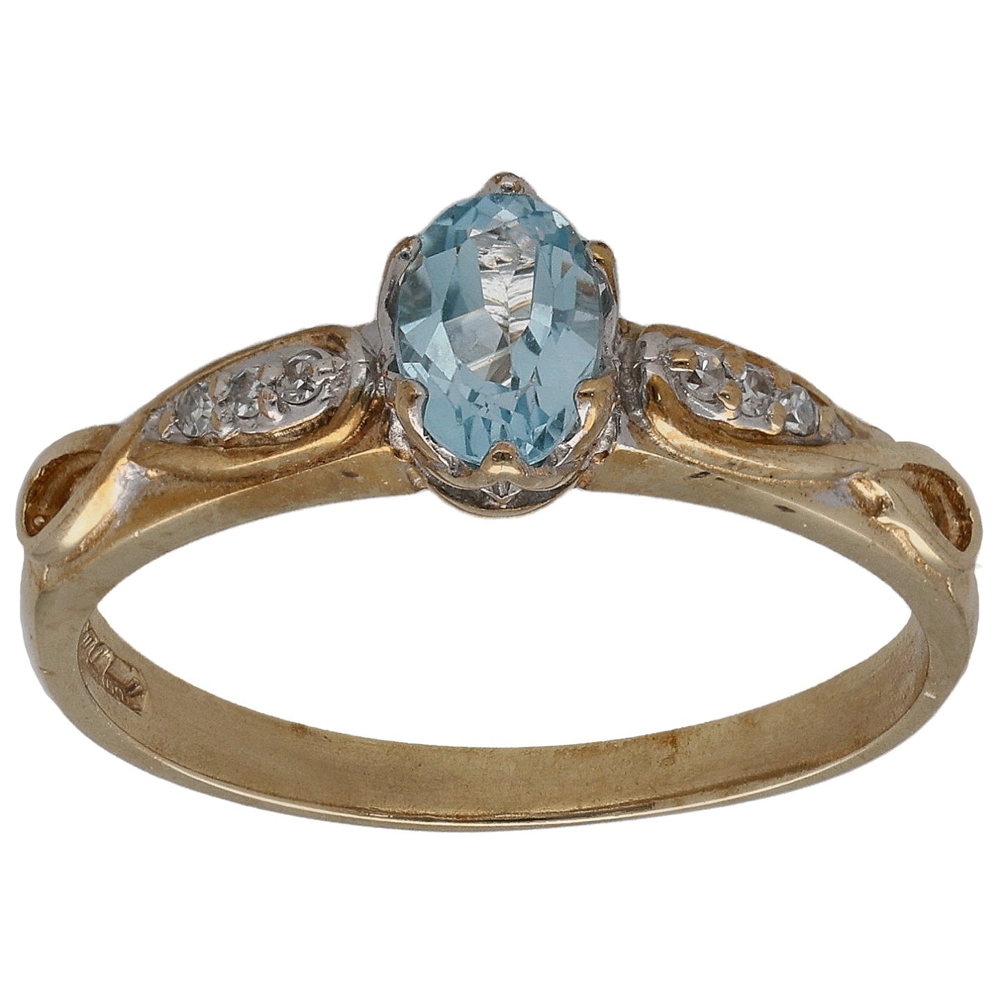 9ct gold ring with oval blue gemstone center and small round diamond accents