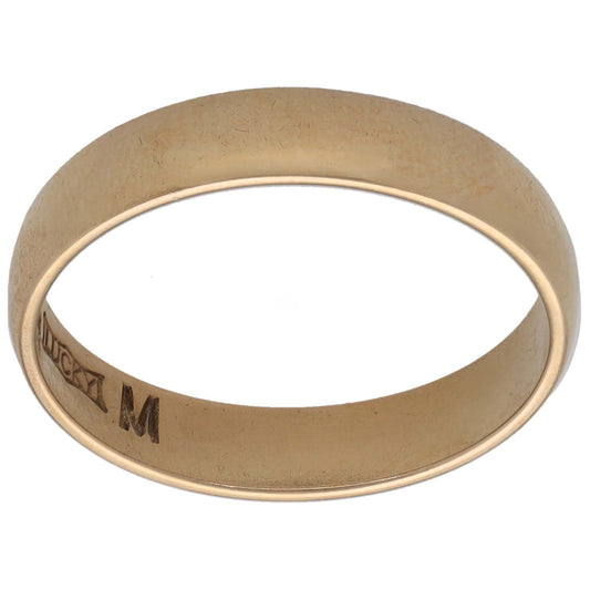 Plain 9ct gold wedding ring, smooth round band with inner engraving detail.