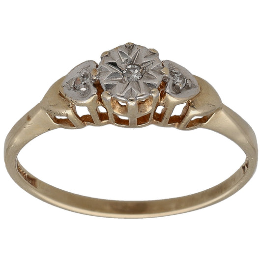 9ct gold solitaire ring with round center diamond and three accent stones
