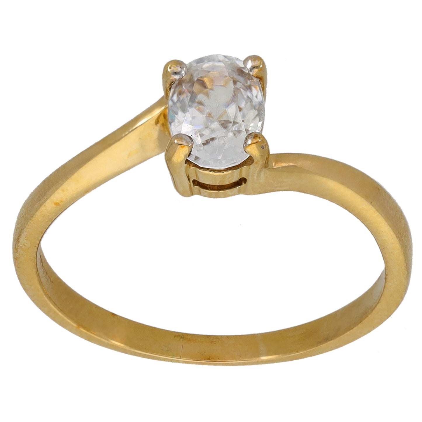 Gold zircon single-stone ring with large clear cushion-cut center stone, four prongs.