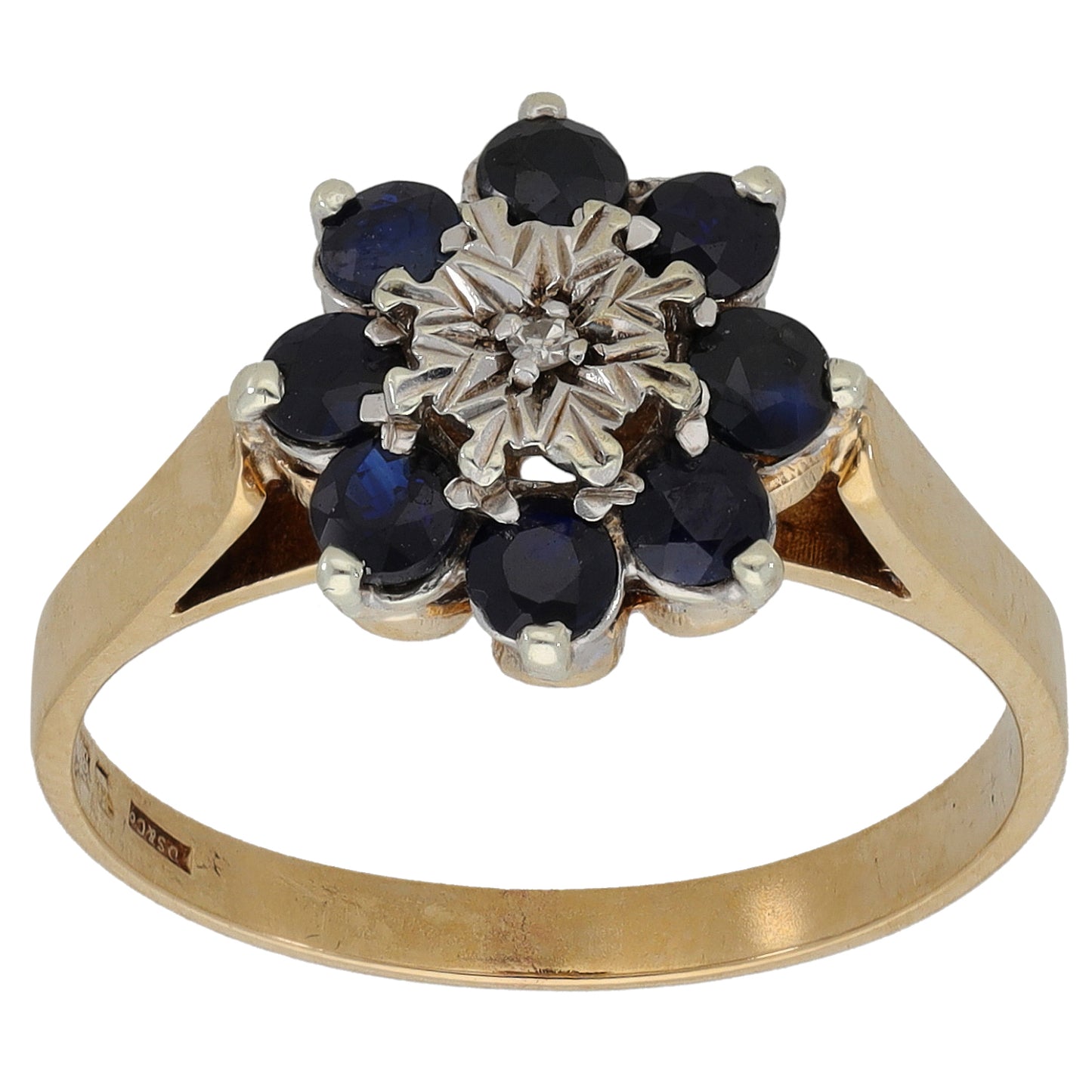 9ct Gold Sapphire & 0.01ct Diamond Cluster Ring Size P