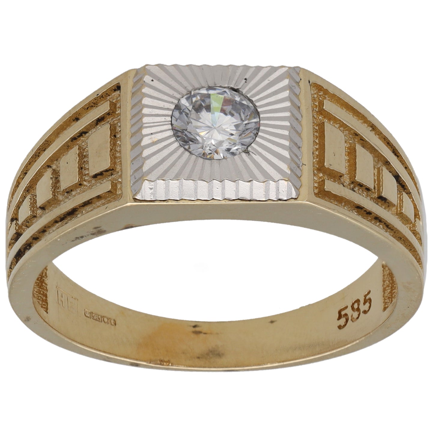 Two-tone gold CZ single-stone ring with oval crystal center and geometric band