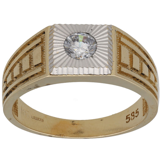 Two-tone gold CZ single-stone ring with oval crystal center and geometric band
