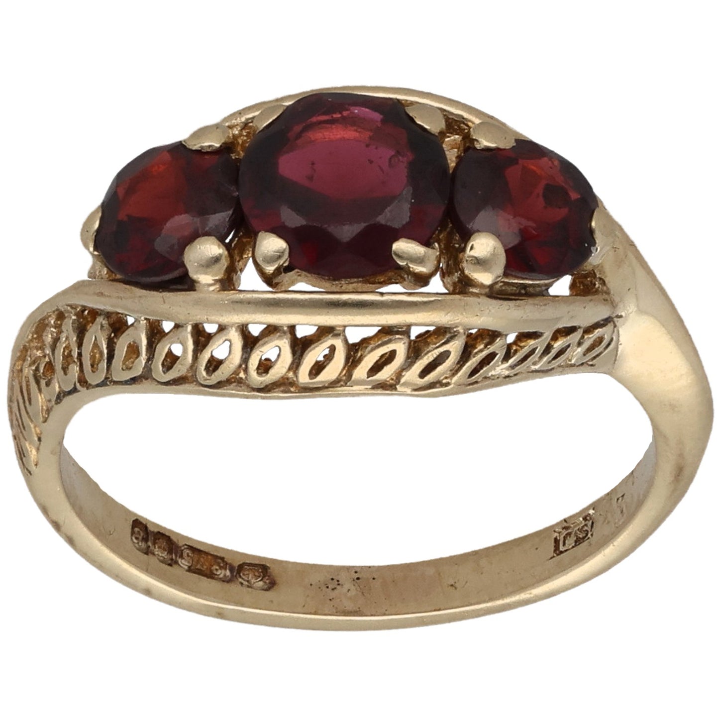 9ct Gold Garnet Trilogy Ring Size N