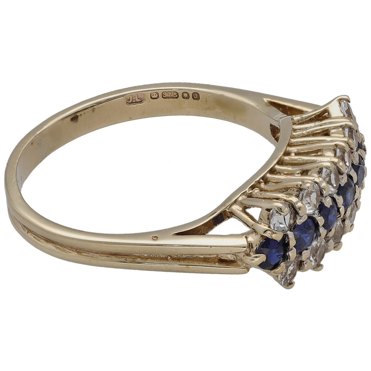 Gold-tone half eternity ring side view with prong-set blue and clear stones, size Q