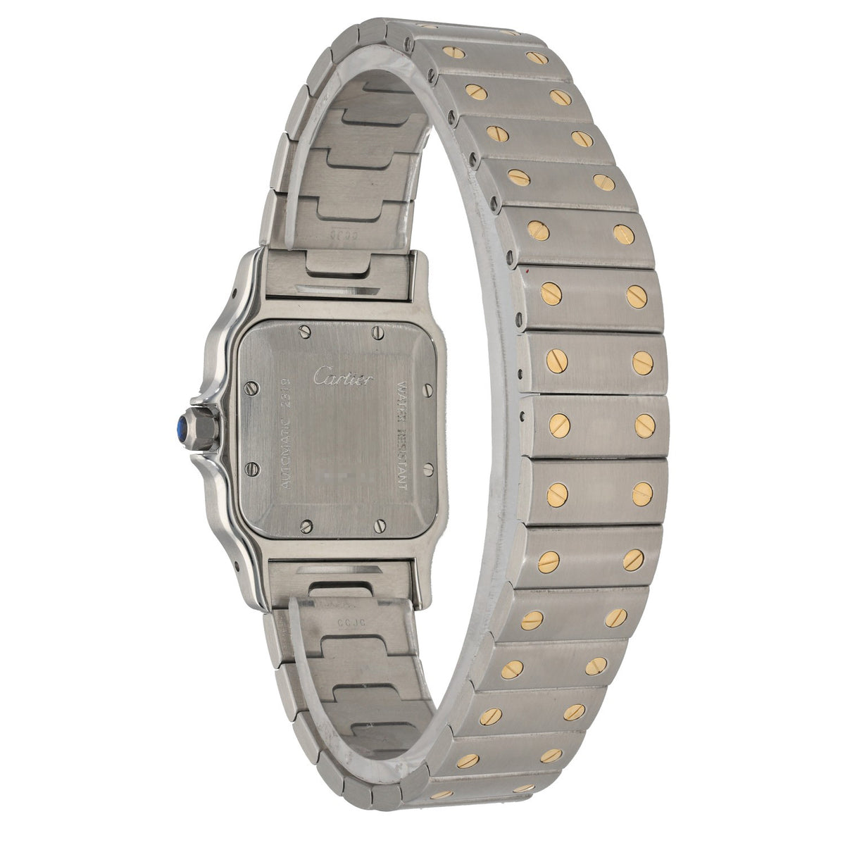 Cartier Santos Galbee W20058C4 caseback, with a stainless steel and gold casem with a bracelet featuring screws