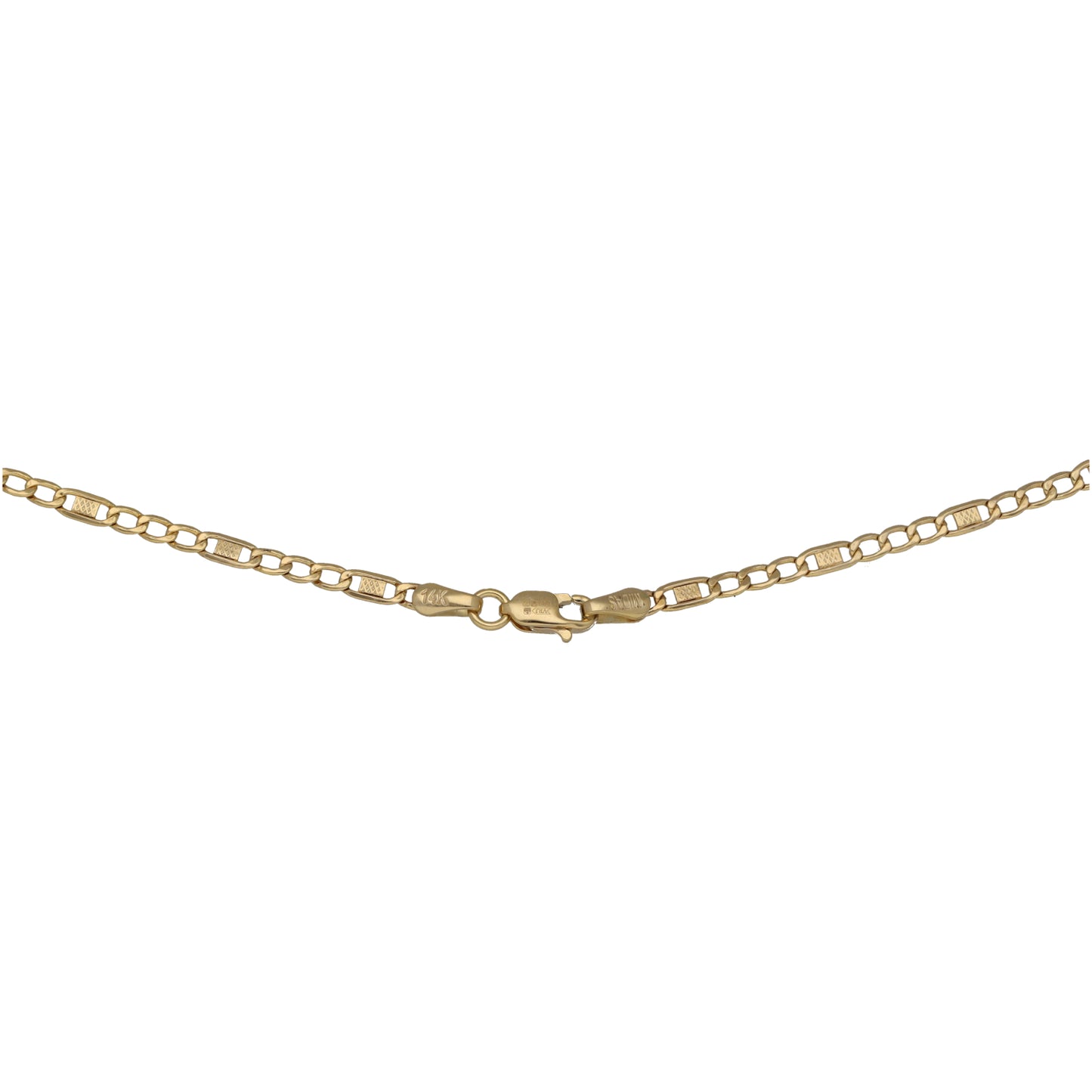 Gold-tone chain with clasp and link detail, styled with a small pendant