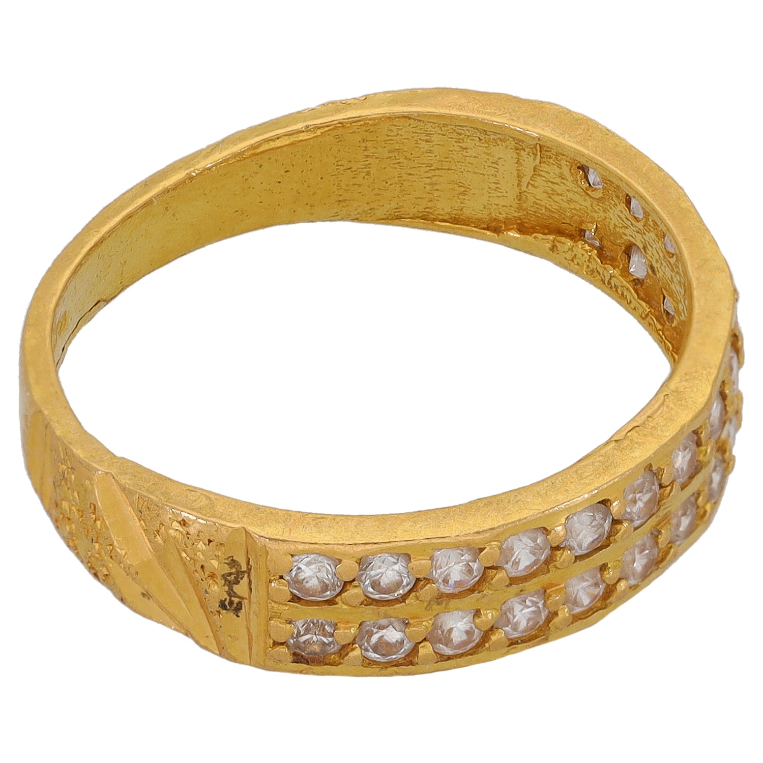 22ct Gold-tone half eternity ring with clear CZ stones along the band, side view
