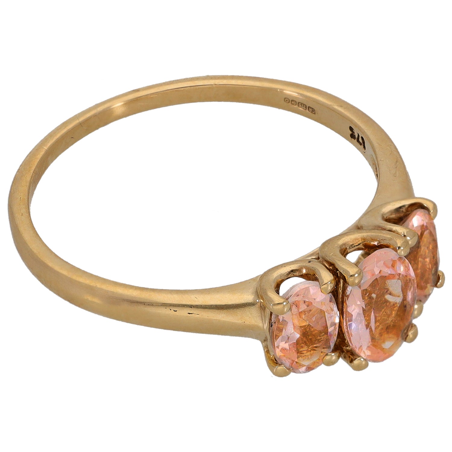 9ct gold three-stone morganite ring, size S, with three oval pink gemstones