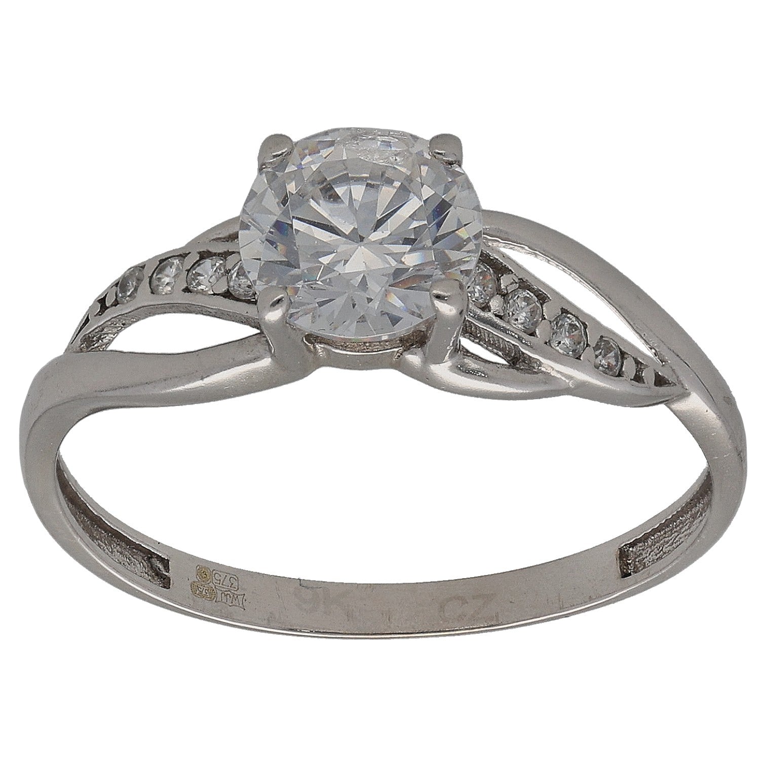 9ct white gold CZ ring with round center stone and pave accents