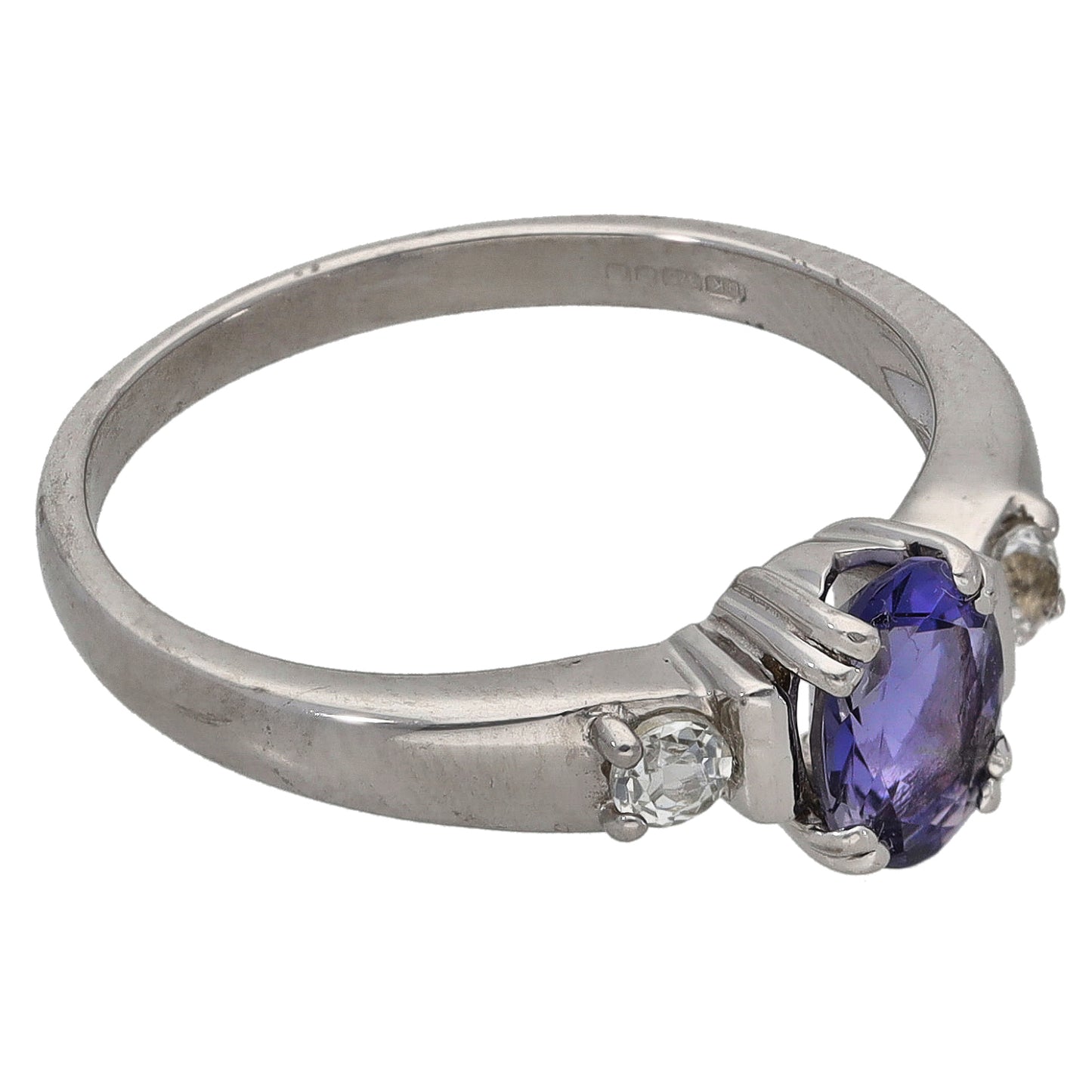 9ct White Gold Iolite & Imitation Gems Three Stone Ring Size N