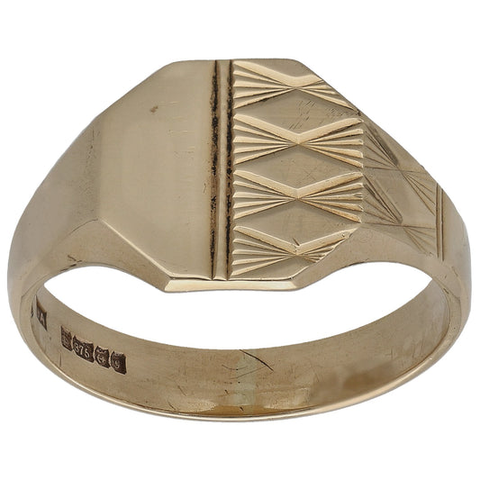 Gold patterned signet ring with geometric facets and raised shield design