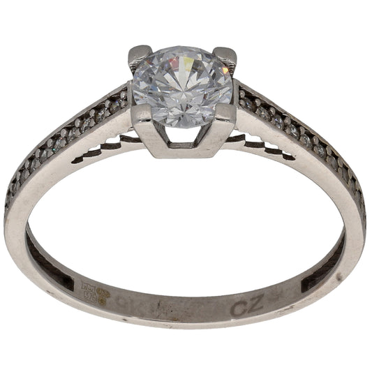 9ct White Gold Cubic Zirconia Single Stone Ring with Accent Stones Size O