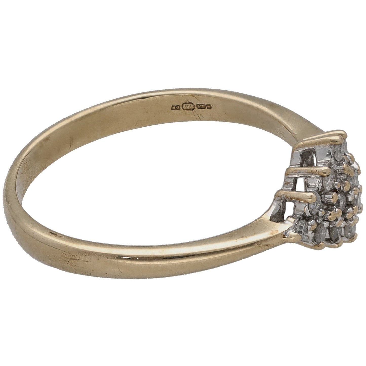 9ct gold ring with round diamond cluster on the side, prong-set stones