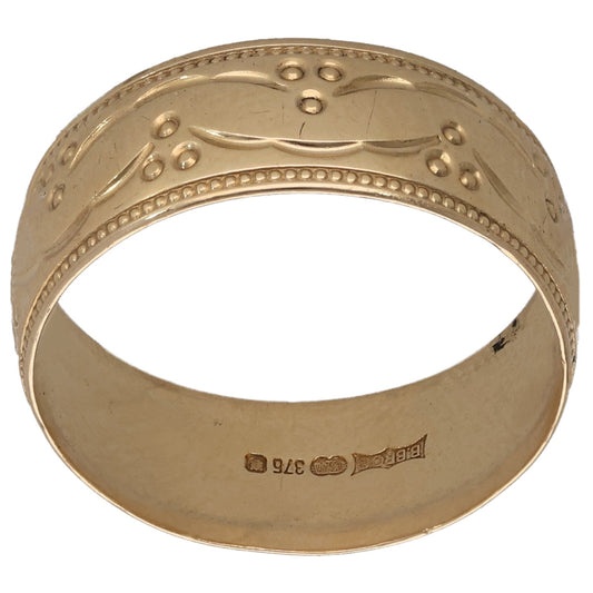 9ct gold patterned wedding ring band with bead and dot motifs, inside view