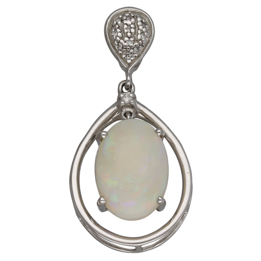 9ct White Gold 0.055ct Round Diamond & Opal Alternative Pendant